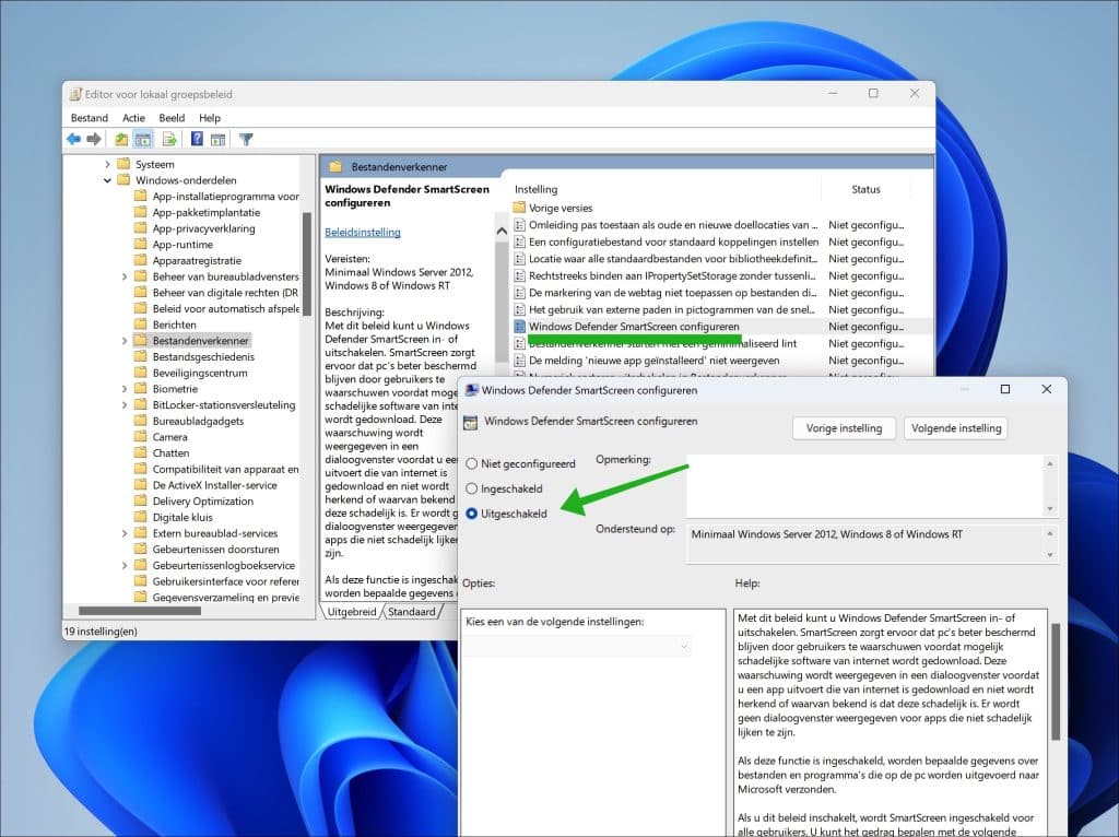 Om SmartScreen uit te schakelen via het groepsbeleid