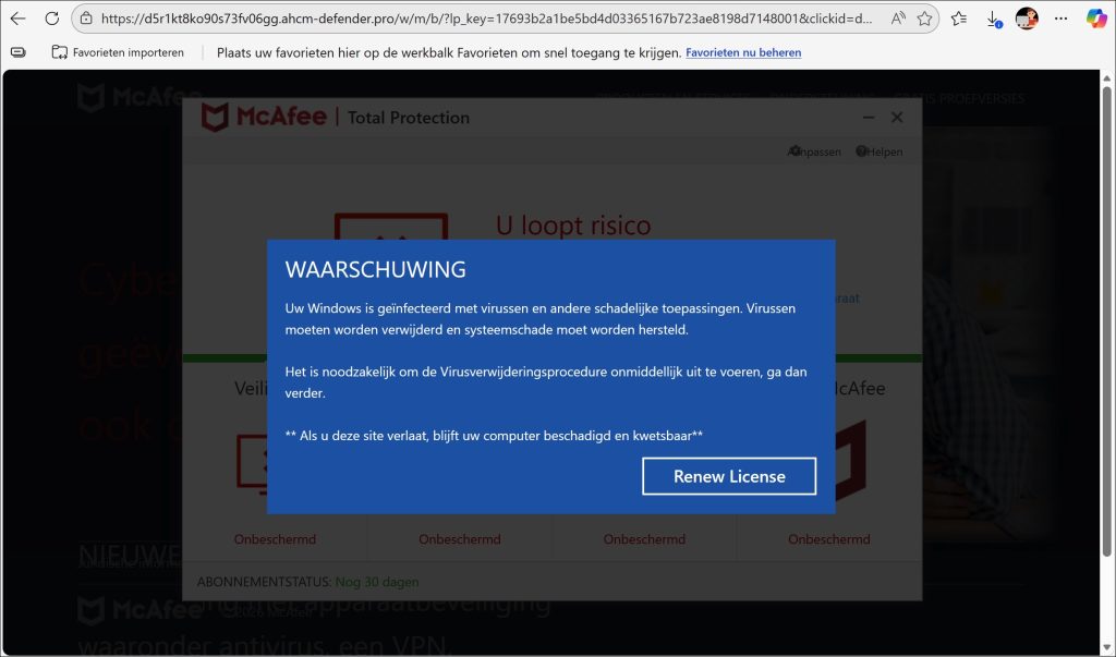 mcafee nep verkoop site met nep melding
